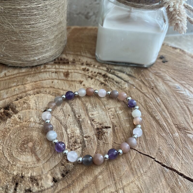 bracelet en pierre naturelle améthyste, quartz rose et pierre de lune pour le sommeil
