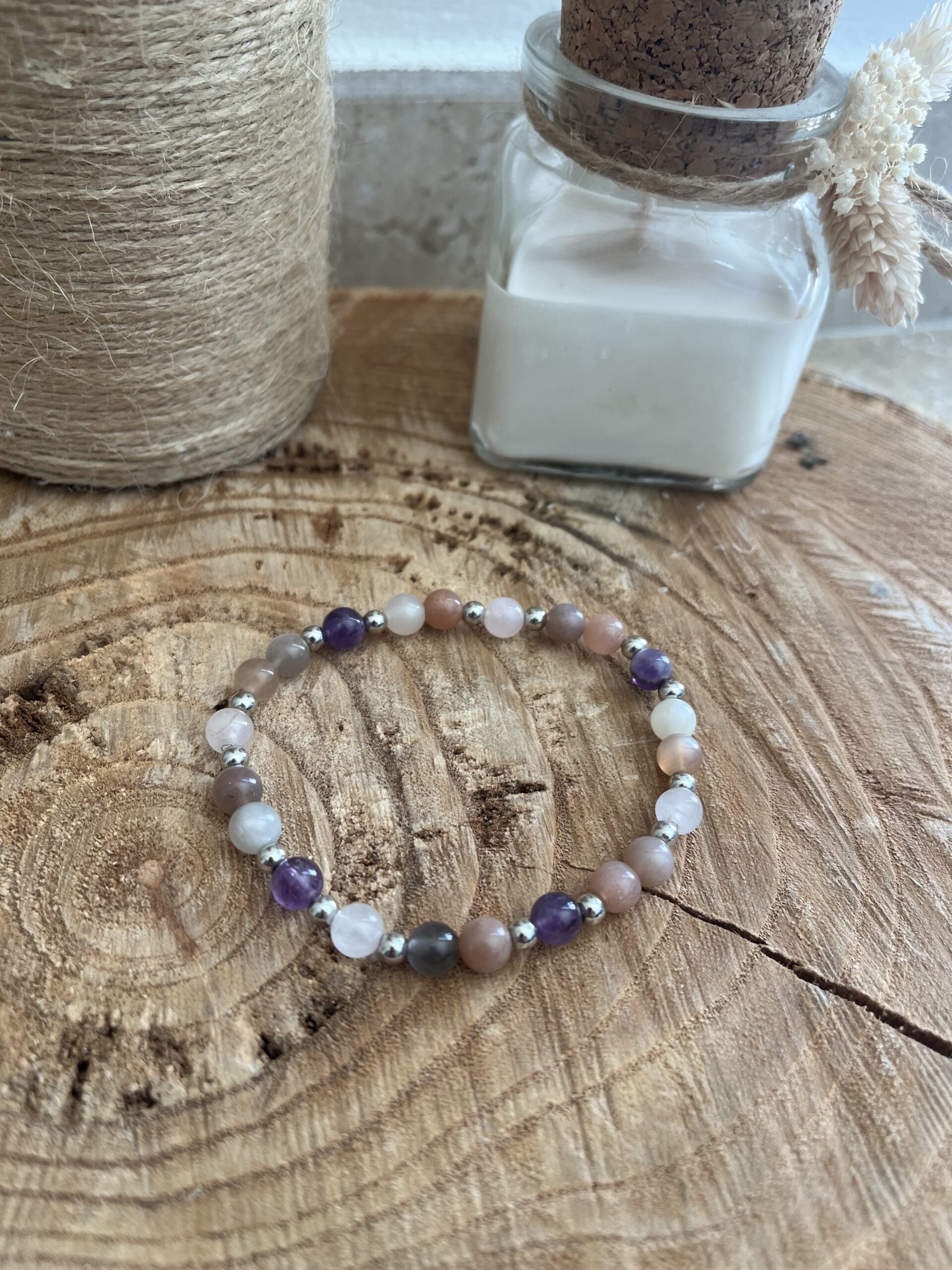 bracelet en pierre naturelle améthyste, quartz rose et pierre de lune pour le sommeil
