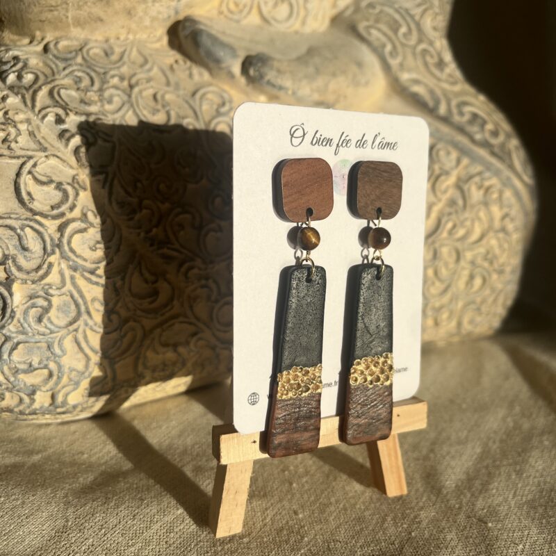 boucles d'oreilles argile polymère et pierre naturelle oeil de tigre