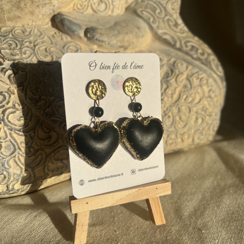 boucles d'oreilles argile polymère coeur et pierre naturelle obsidienne