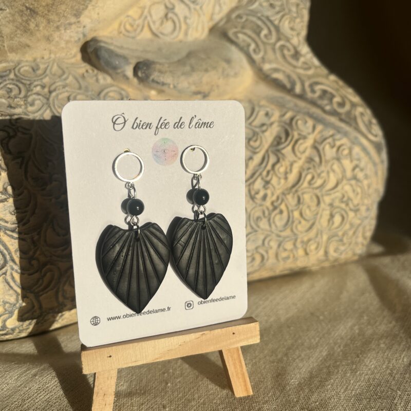 boucles d'oreilles argile polymère et pierre naturelle obsidienne