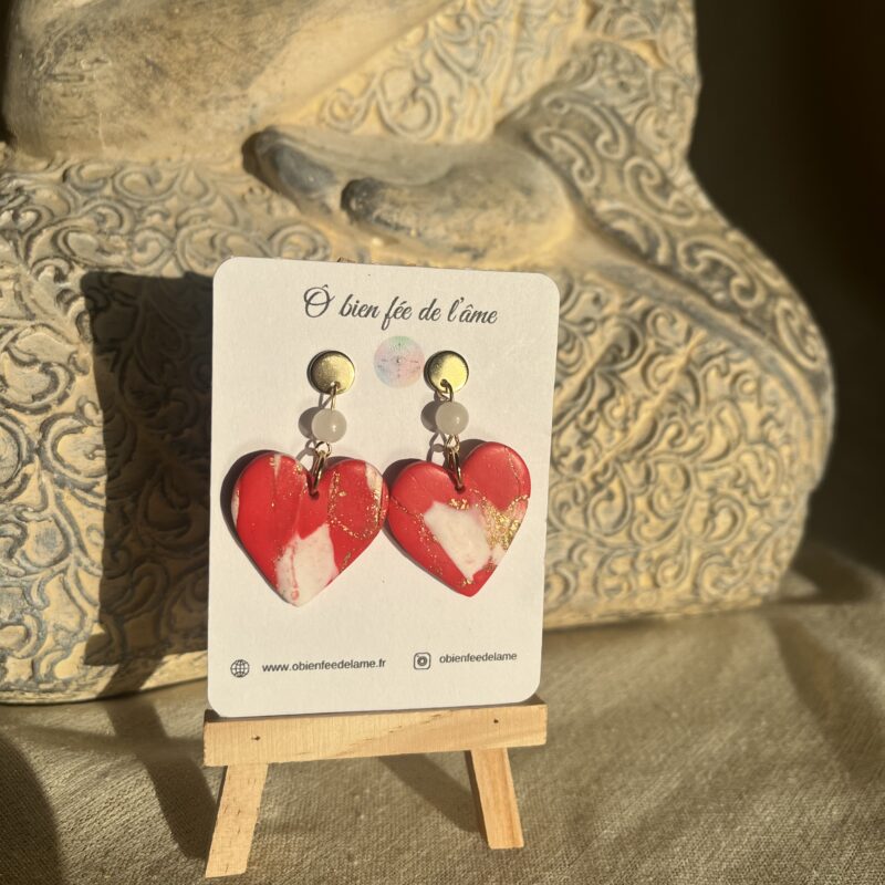 boucles d'oreilles argile polymère coeur et pierre naturelle jade blanc
