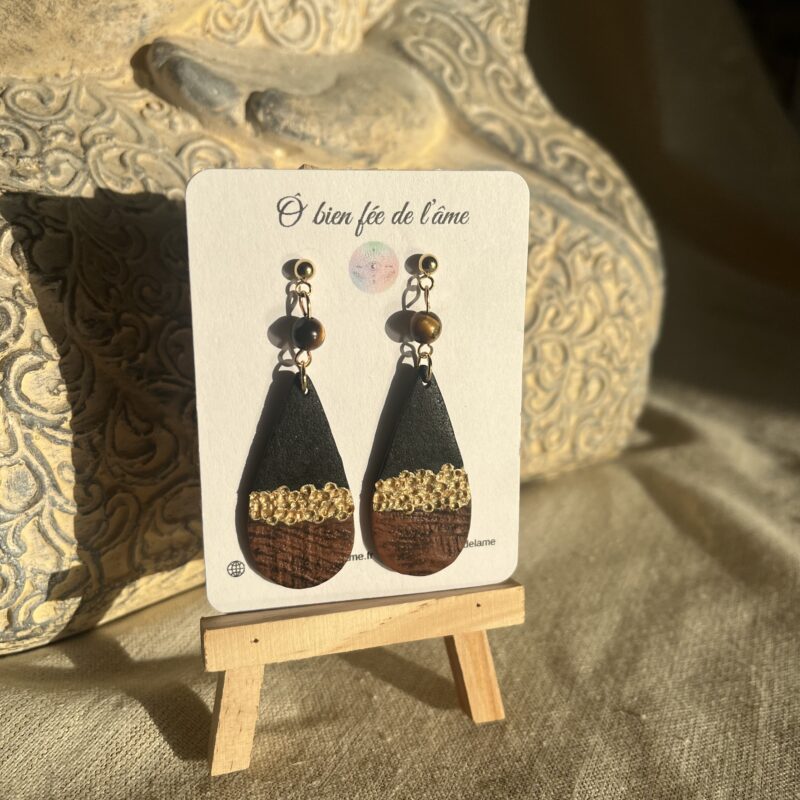 boucles d'oreilles argile polymère et pierre naturelle oeil de tigre