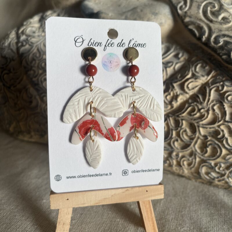 boucles d'oreilles en argile polymère et pierre naturelle jaspe rouge