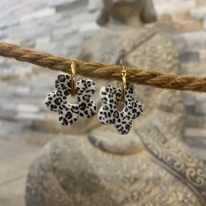 boucles d'oreilles interchangeable pampilles léopard en argile polymère et créole acier inoxydable